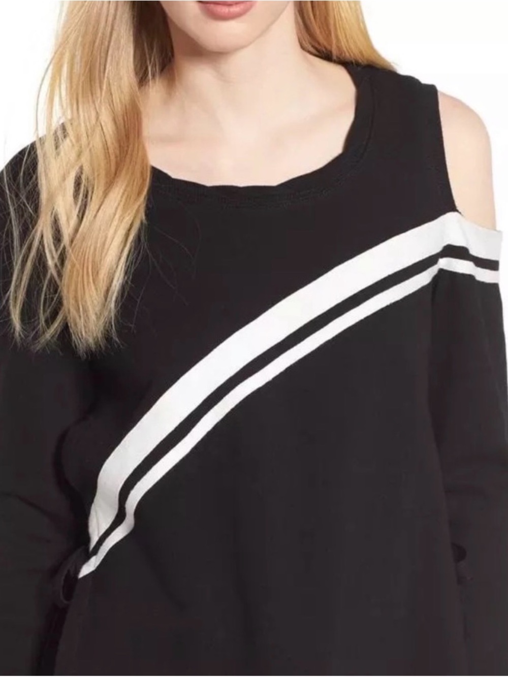 #735 PAM & GELA Black Sweatshirt w White Diag Stripe, Cold-Shoulder, Side Ties
